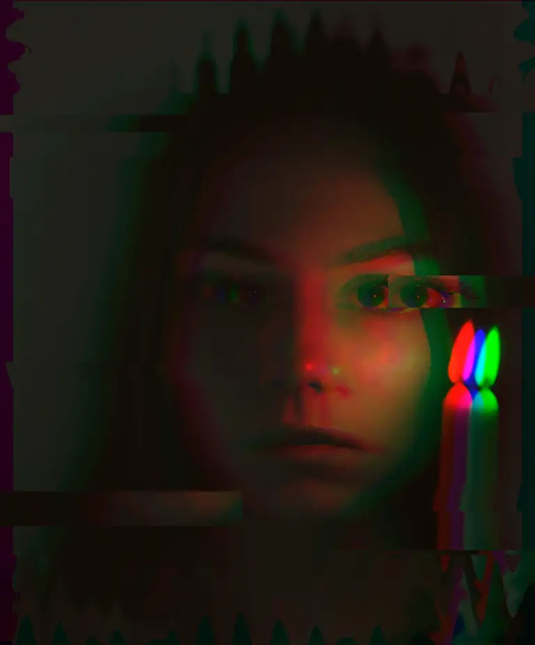 A stylized image of a girl with glitch effects distorting her face