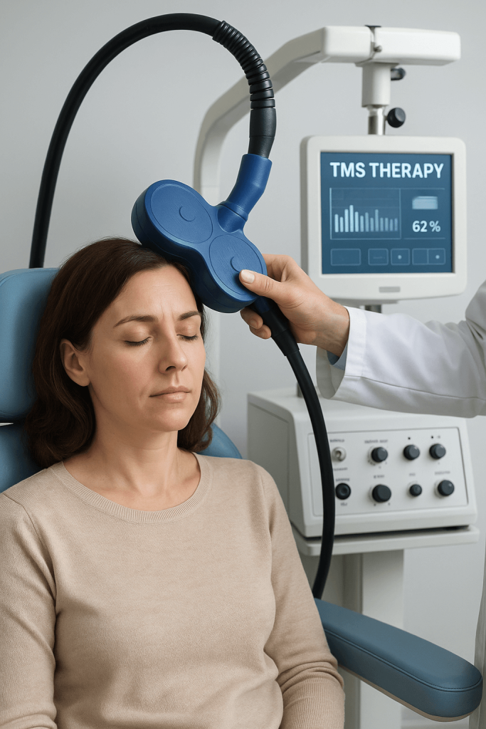 A patient seated while a clinician positions a magnetic coil near her head.